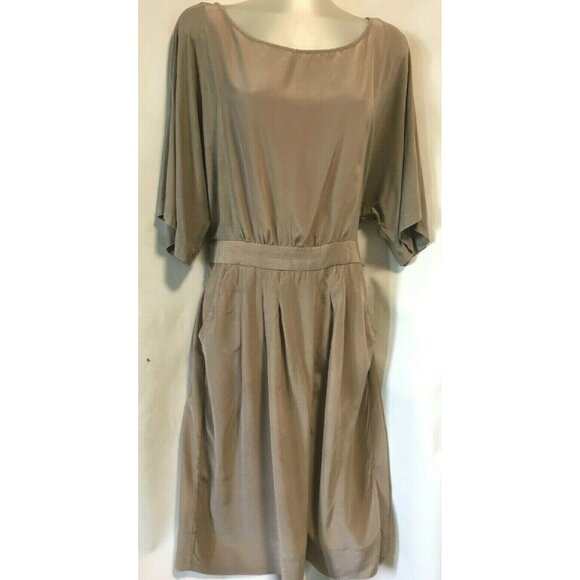 BCBG Maxazria Women Dress Tan Size M Silk Shell Knit Sleeves Dual Fabric Flaw - Picture 1 of 8